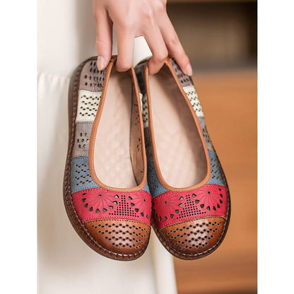 Women Summer Vintage Leather Spliced Cutout Shoes BN1018