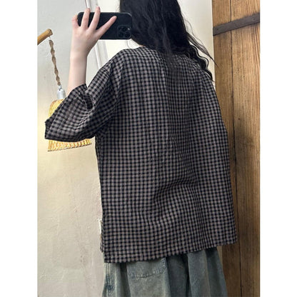 Women Summer Vintage Plaid Spliced Linen Shirt BN1019 - Tops