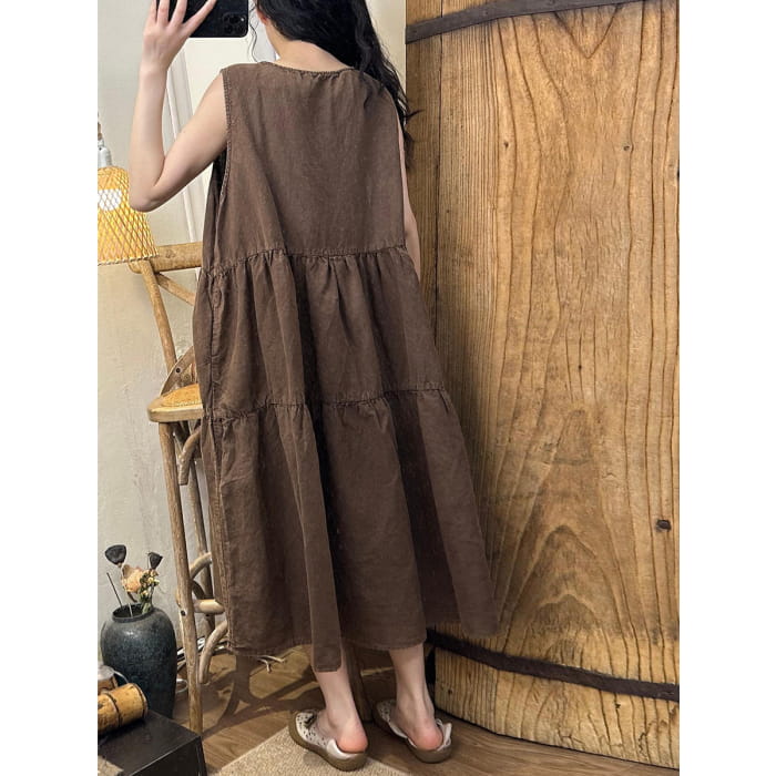 Women Summer Vintage Solid Shirred Linen Vest Dress BN1042