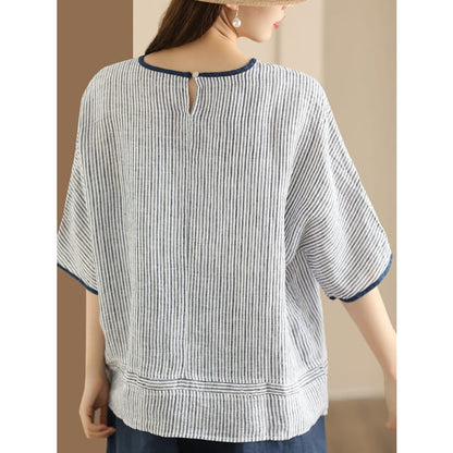 Women Summer Vintage Stripe Spliced Linen Shirt BN1040