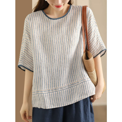 Women Summer Vintage Stripe Spliced Linen Shirt BN1040