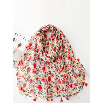 Women Travel Artsy Flower Tassel Shawl Scarf BN1025 - Red