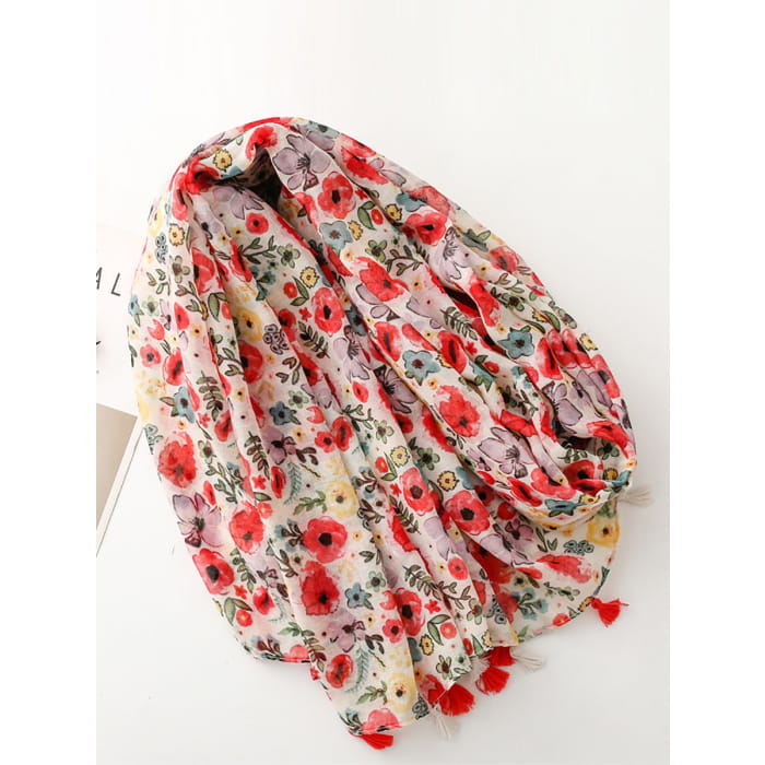 Women Travel Artsy Flower Tassel Shawl Scarf BN1025 - Red