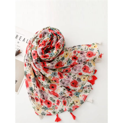 Women Travel Artsy Flower Tassel Shawl Scarf BN1025 - Red