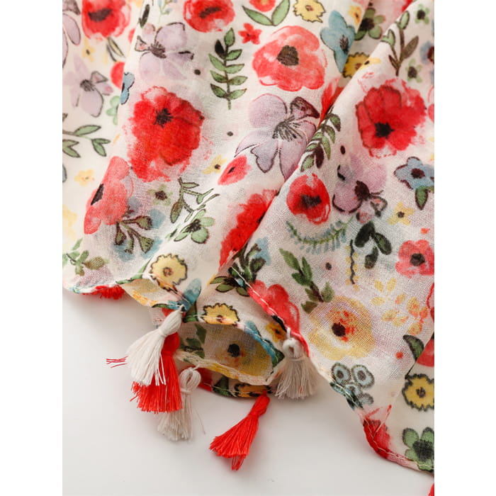 Women Travel Artsy Flower Tassel Shawl Scarf BN1025 - Red