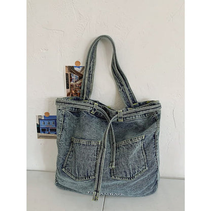 Women Vintage Solid Pocket Denim Handbag Shoulder Bag