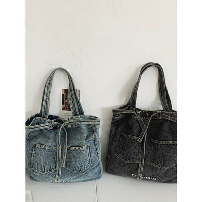 Women Vintage Solid Pocket Denim Handbag Shoulder Bag