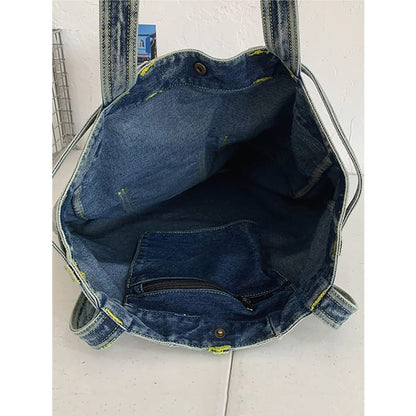 Women Vintage Solid Pocket Denim Handbag Shoulder Bag