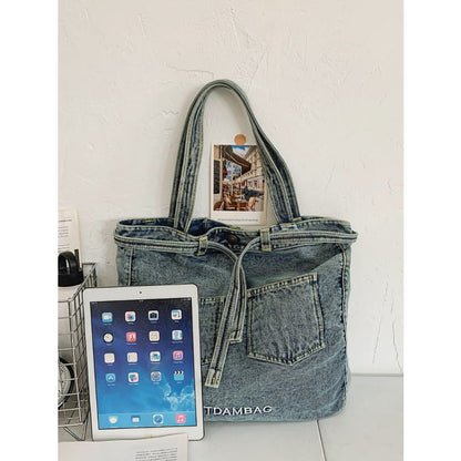 Women Vintage Solid Pocket Denim Handbag Shoulder Bag