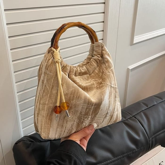 Wooden Handle Jacquard Handbag