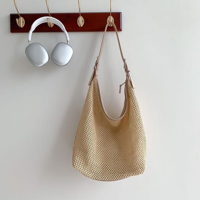 Woven Buckled Tote Bag - Almond / One Size