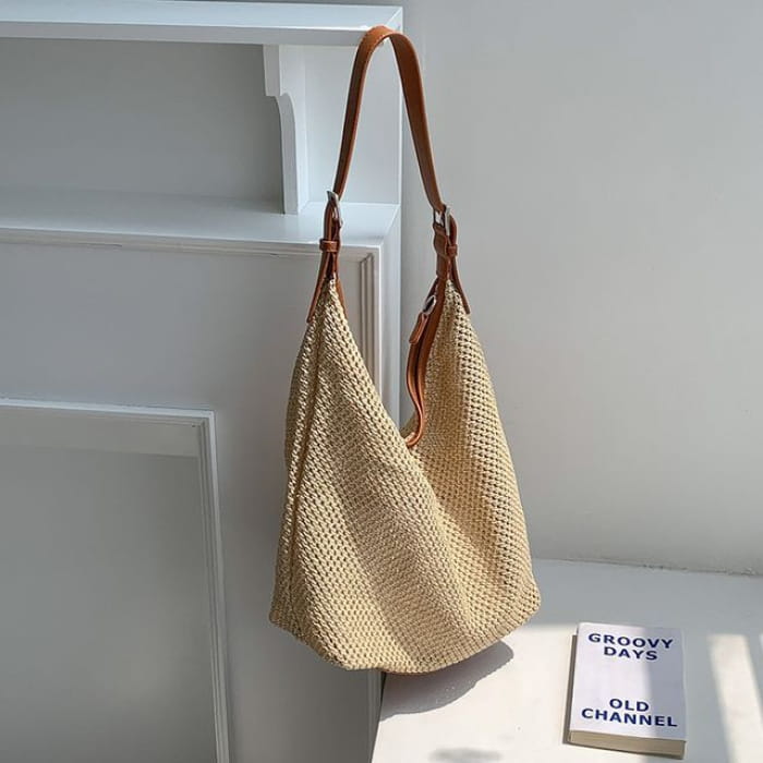 Woven Buckled Tote Bag - Brown / One Size