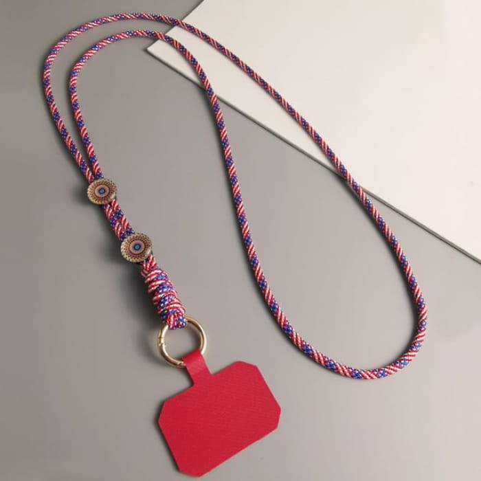 Woven Cord Phone Lanyard with Pad - Red & Blue White