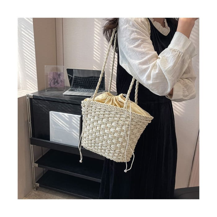 Woven Drawstring Bucket Bag