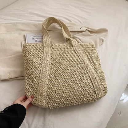 Woven Tasseled Tote Bag - Beige / One Size