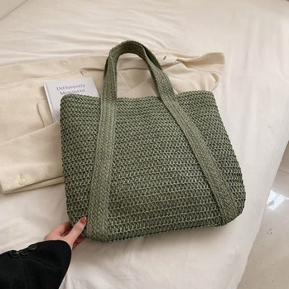 Woven Tasseled Tote Bag - Green / One Size