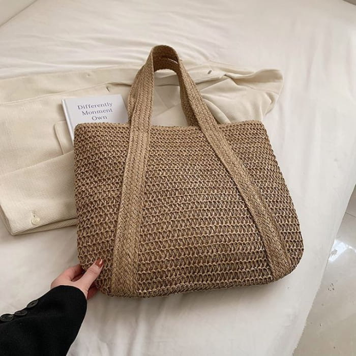 Woven Tasseled Tote Bag - Khaki / One Size