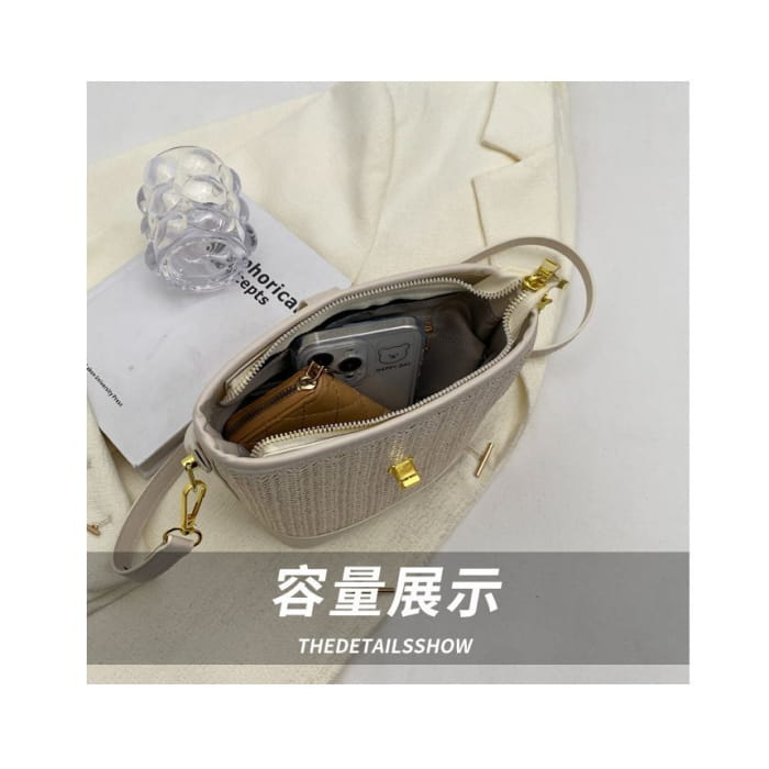 Woven Top Handle Buckled Bucket Bag