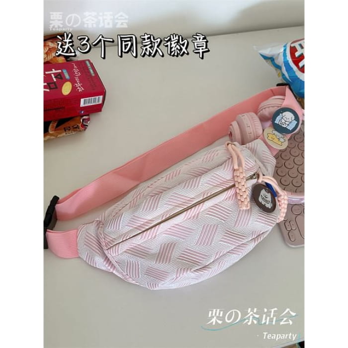 Woven Waist Bag / Charm / Pin / Set - Pink / One Size