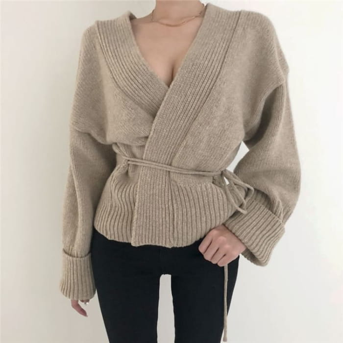 Wrapped V-Neck Knit Cardigan with Sash