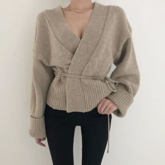 Wrapped V-Neck Knit Cardigan with Sash