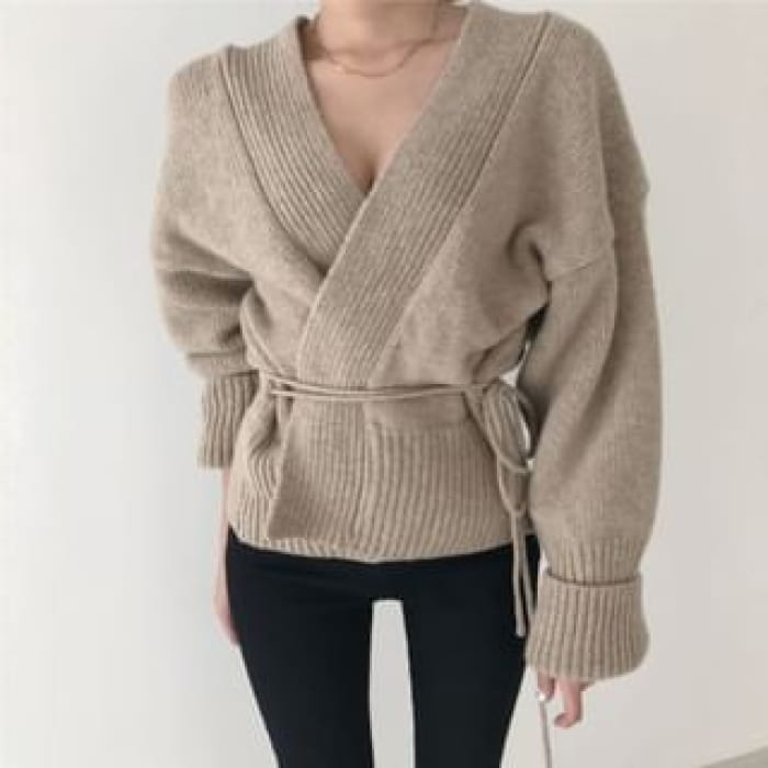 Wrapped V-Neck Knit Cardigan with Sash - Almond / One Size