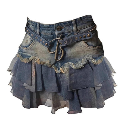 Y2K Aesthetic Denim Ruffled Skirt - S / Dark blue