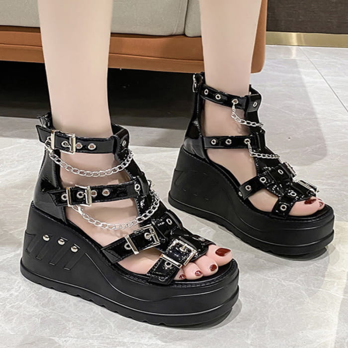 Y2K Black Open Toe Wedge Heel Sandals