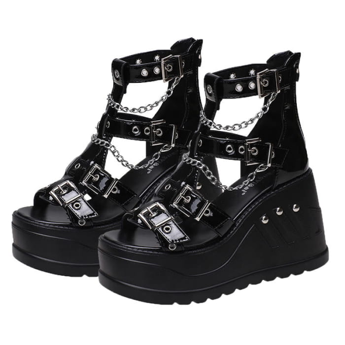 Y2K Black Open Toe Wedge Heel Sandals - Glossy / 35