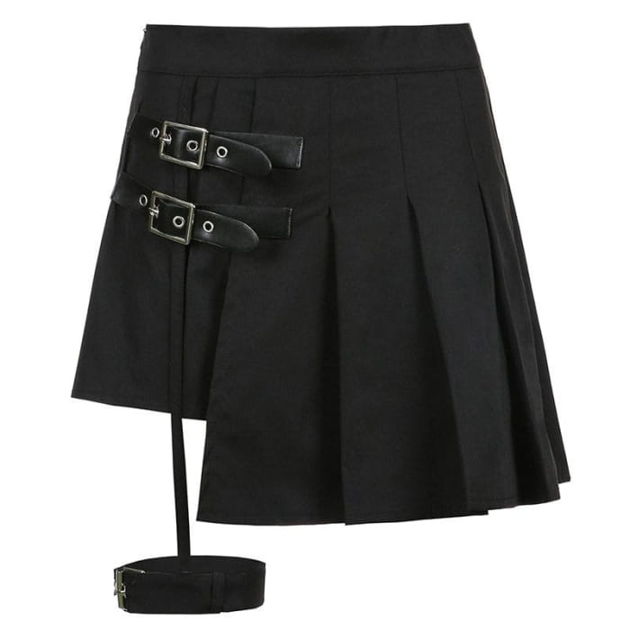 Y2K Buckle Leg Ring Mini Pleated Skirt - Black / S