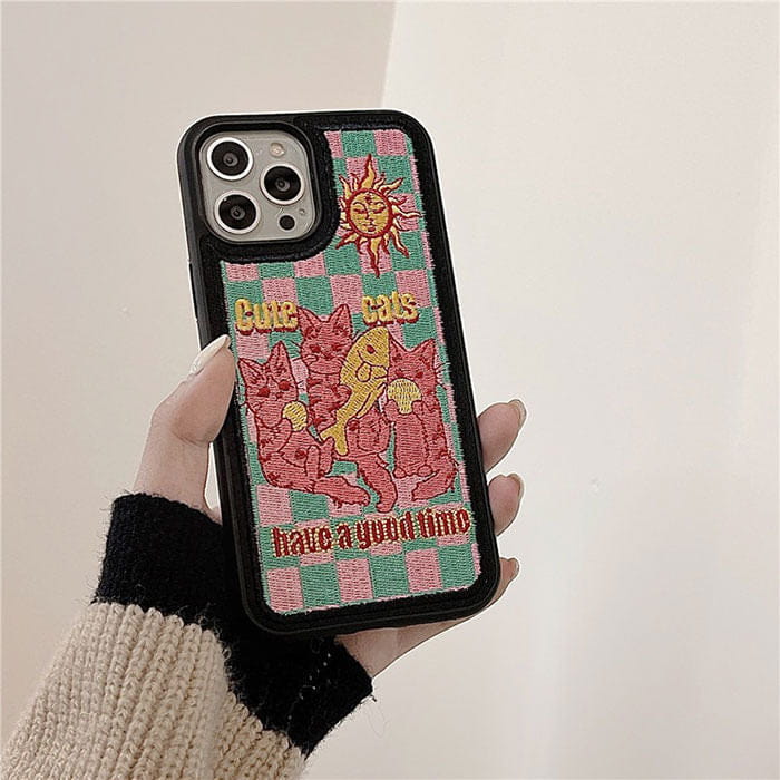 Y2K Cats Embroidery iPhone Case - IPhone