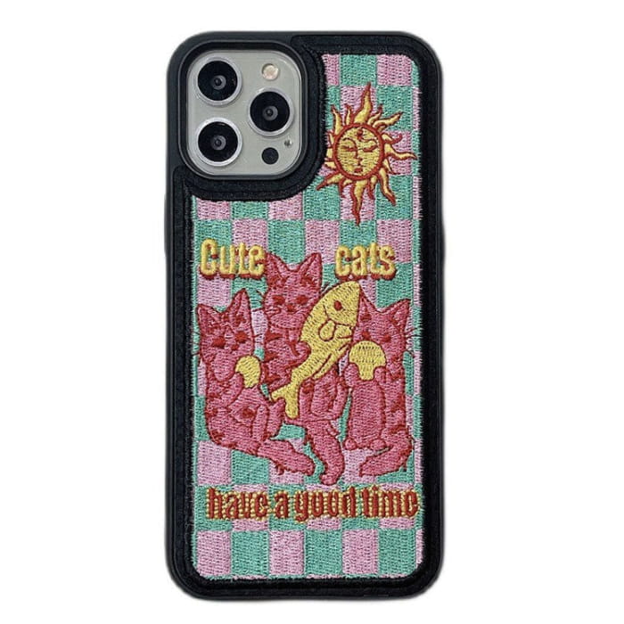 Y2K Cats Embroidery iPhone Case - IPhone