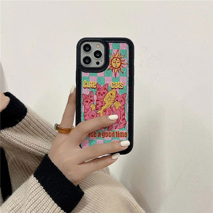 Y2K Cats Embroidery iPhone Case - IPhone