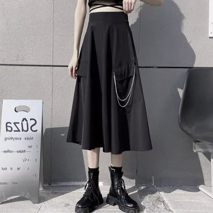 Y2K Chain Pocketed Tie Polo T-Shirt Cargo Split Skirt