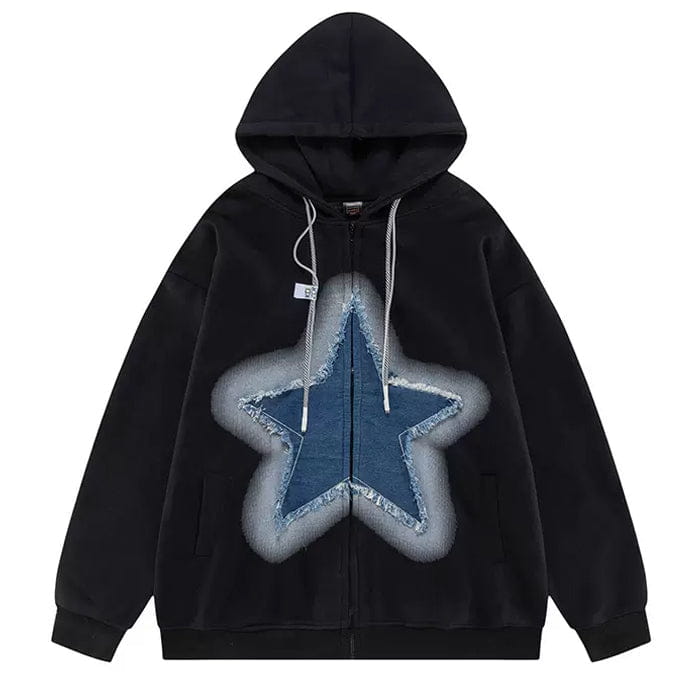 Y2K Denim Star Zip Up Hoodie - S / Black