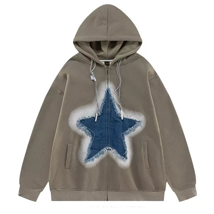 Y2K Denim Star Zip Up Hoodie - S / Green