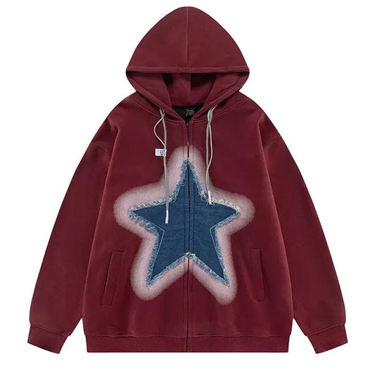 Y2K Denim Star Zip Up Hoodie - S / Red