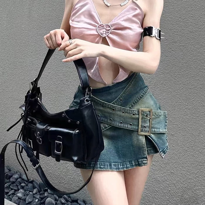 Y2K Double Buckle Denim Mini Skirt