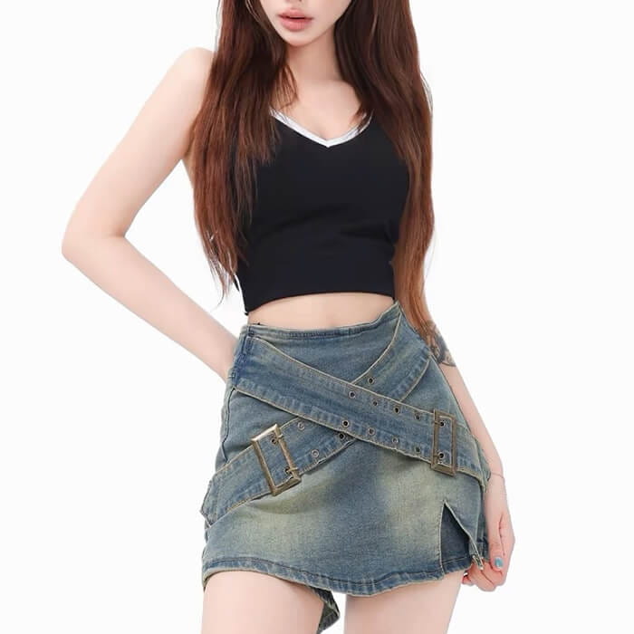 Y2K Double Buckle Denim Mini Skirt