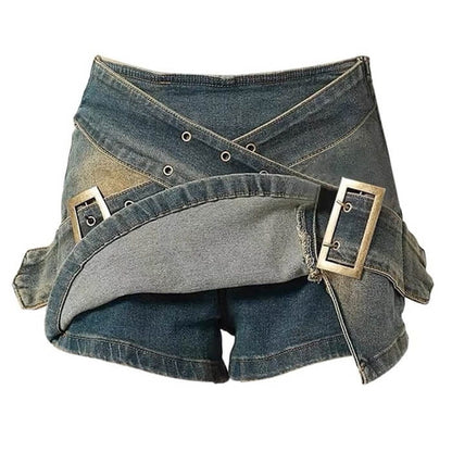 Y2K Double Buckle Denim Mini Skirt