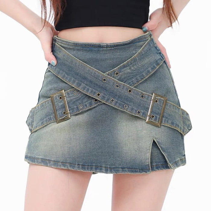 Y2K Double Buckle Denim Mini Skirt