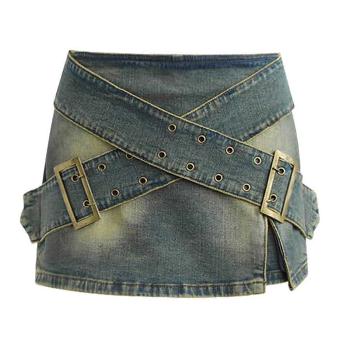 Y2K Double Buckle Denim Mini Skirt - S / Blue