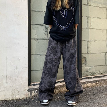 Y2K Floral Cord Pants - M / Black