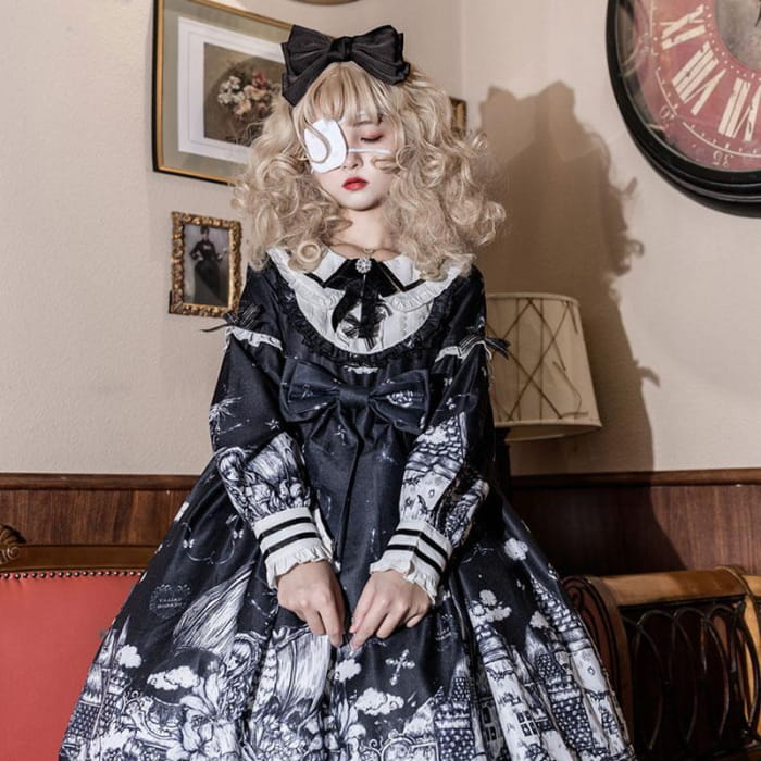 Y2K Gothic Print Bow Ruffle Doll Collar Lolita Dress