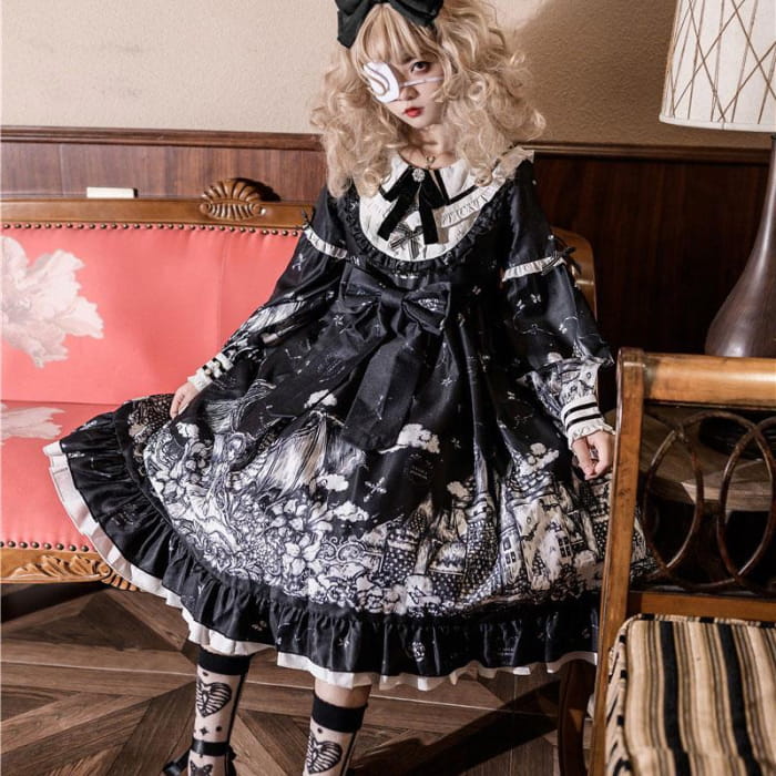 Y2K Gothic Print Bow Ruffle Doll Collar Lolita Dress