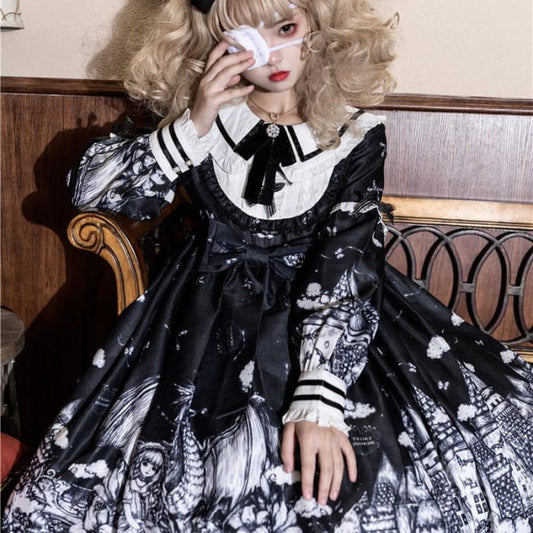 Y2K Gothic Print Bow Ruffle Doll Collar Lolita Dress