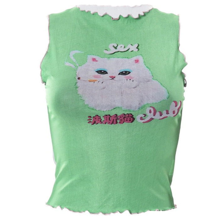 Y2K Green Kitty Crop Top - S / Tops