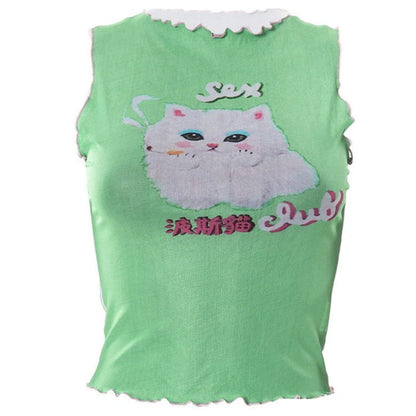 Y2K Green Kitty Crop Top - S / Tops