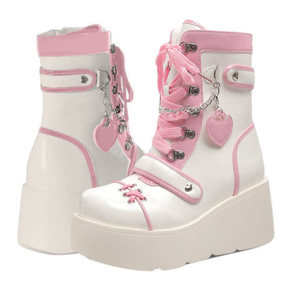 Y2K Heart Decor Lace Up Platform Lolita Martin Boots - Pink