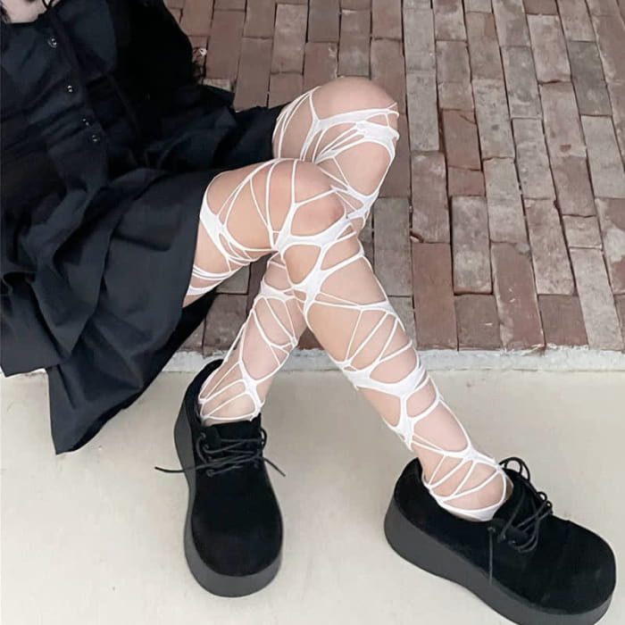 Y2K Hollow Out Ripped Stockings - White A / One Size